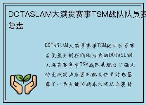 DOTASLAM大满贯赛事TSM战队队员赛后复盘
