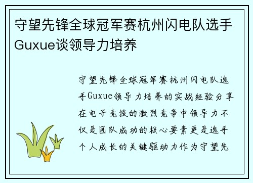 守望先锋全球冠军赛杭州闪电队选手Guxue谈领导力培养